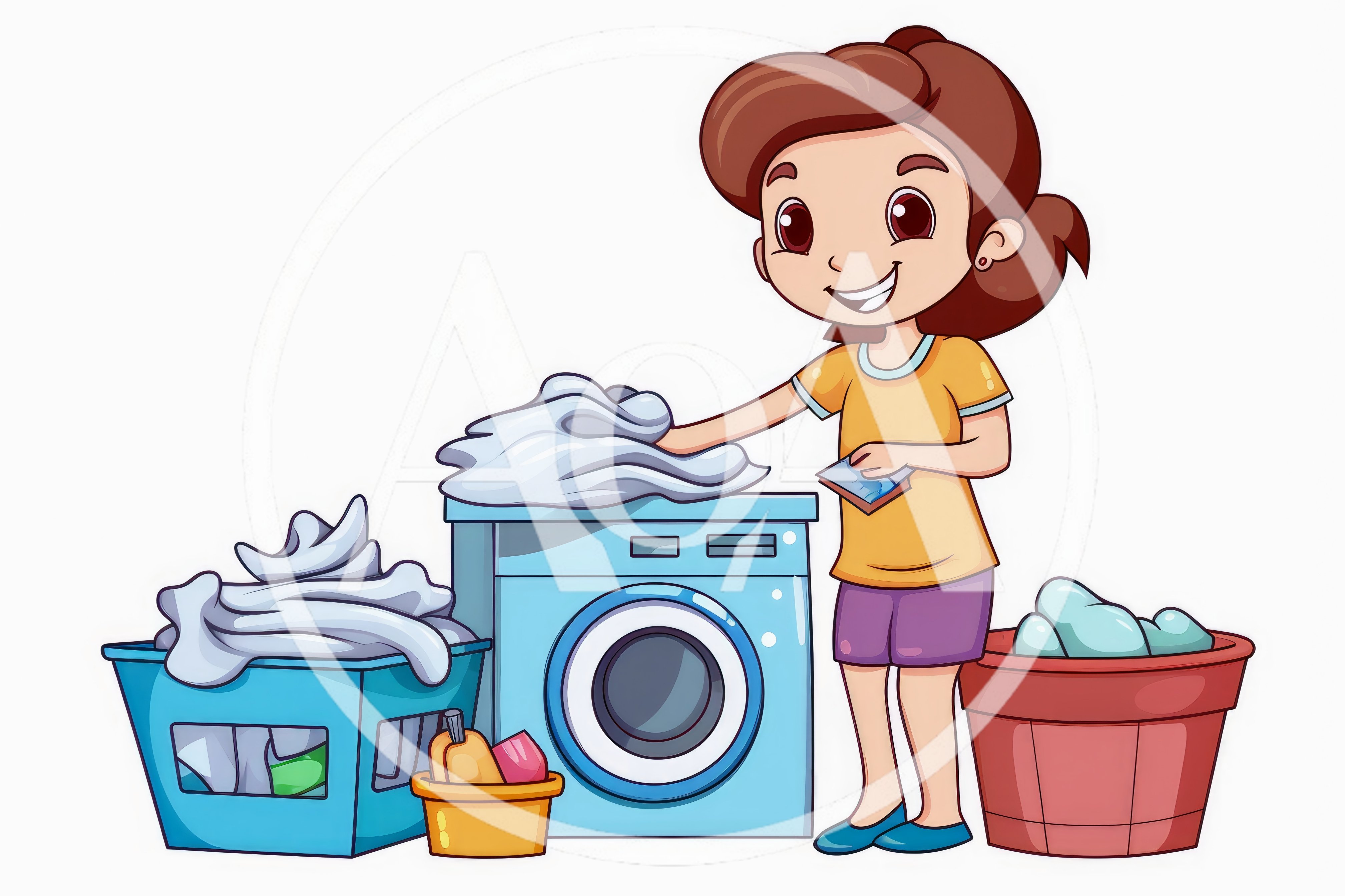 Cartoon Girl Doing Laundry With Washing Machine