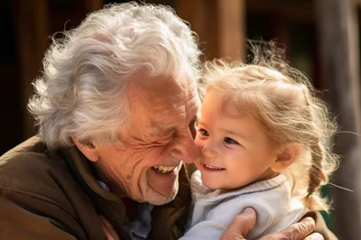 Elderly Man Embracing His Young Granddaughter