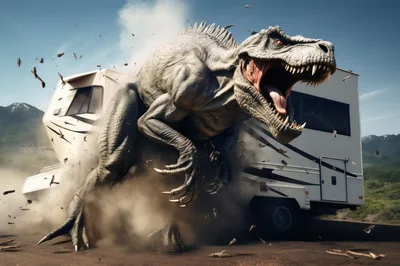 Ferocious Dinosaur Attacking A Recreational Vehicle