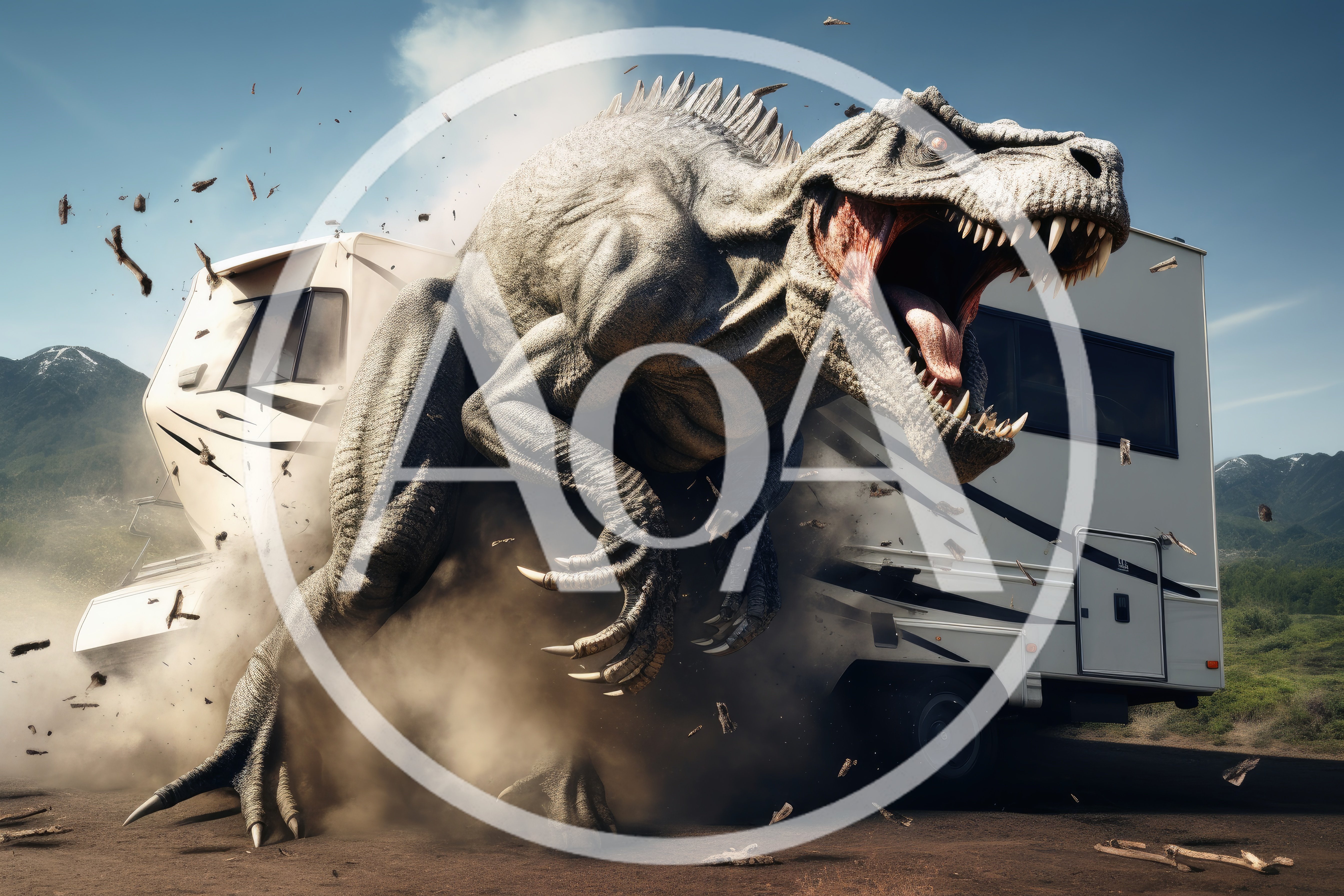 Ferocious Dinosaur Attacking A Recreational Vehicle