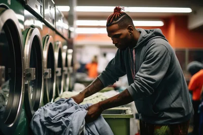 Young Man Loading Laundry Into Commercial Dryer