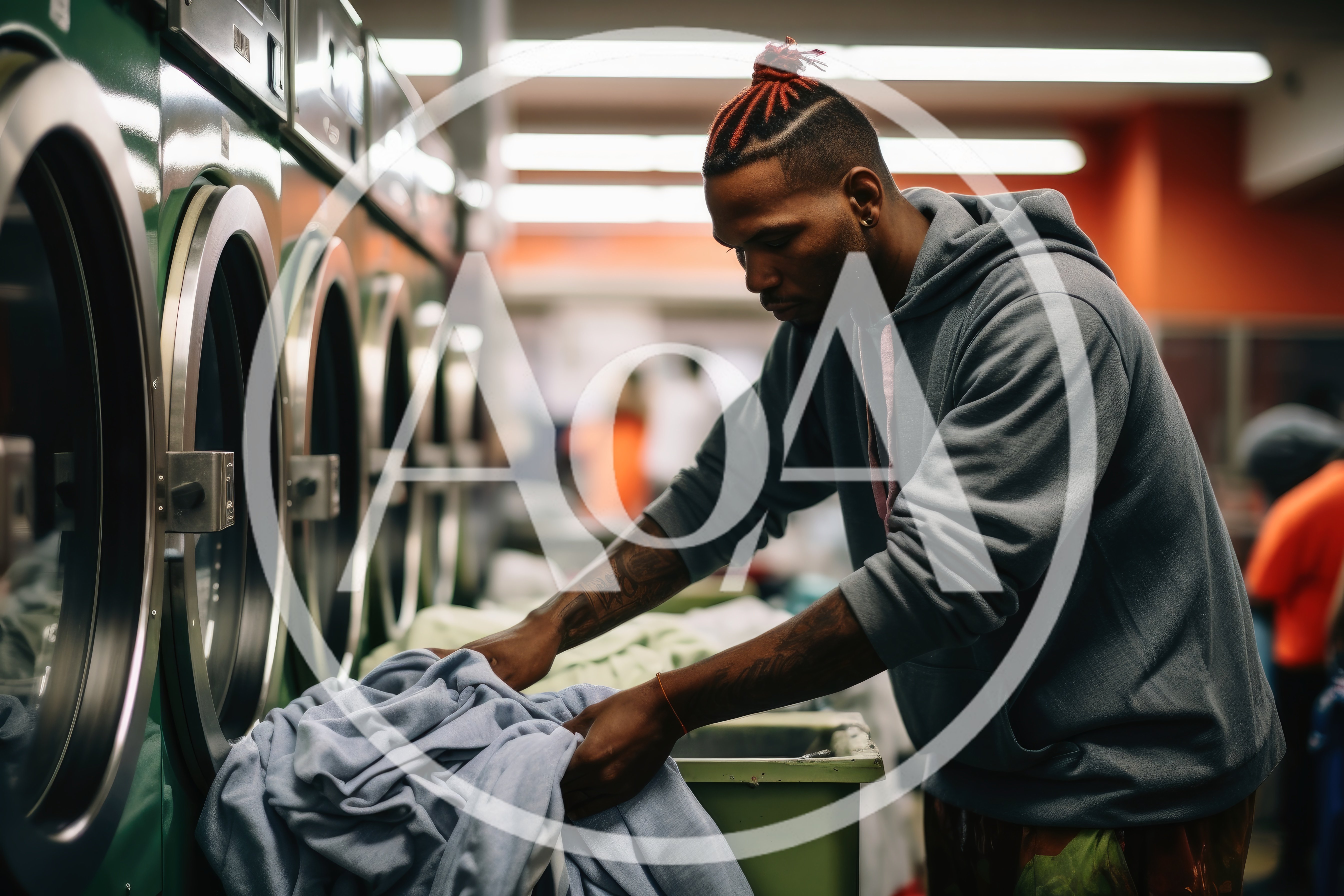 Young Man Loading Laundry Into Commercial Dryer