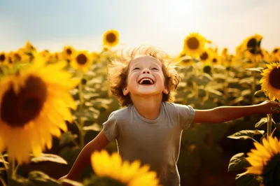Happy Young Child Running Through A Sunny Sunflower Field