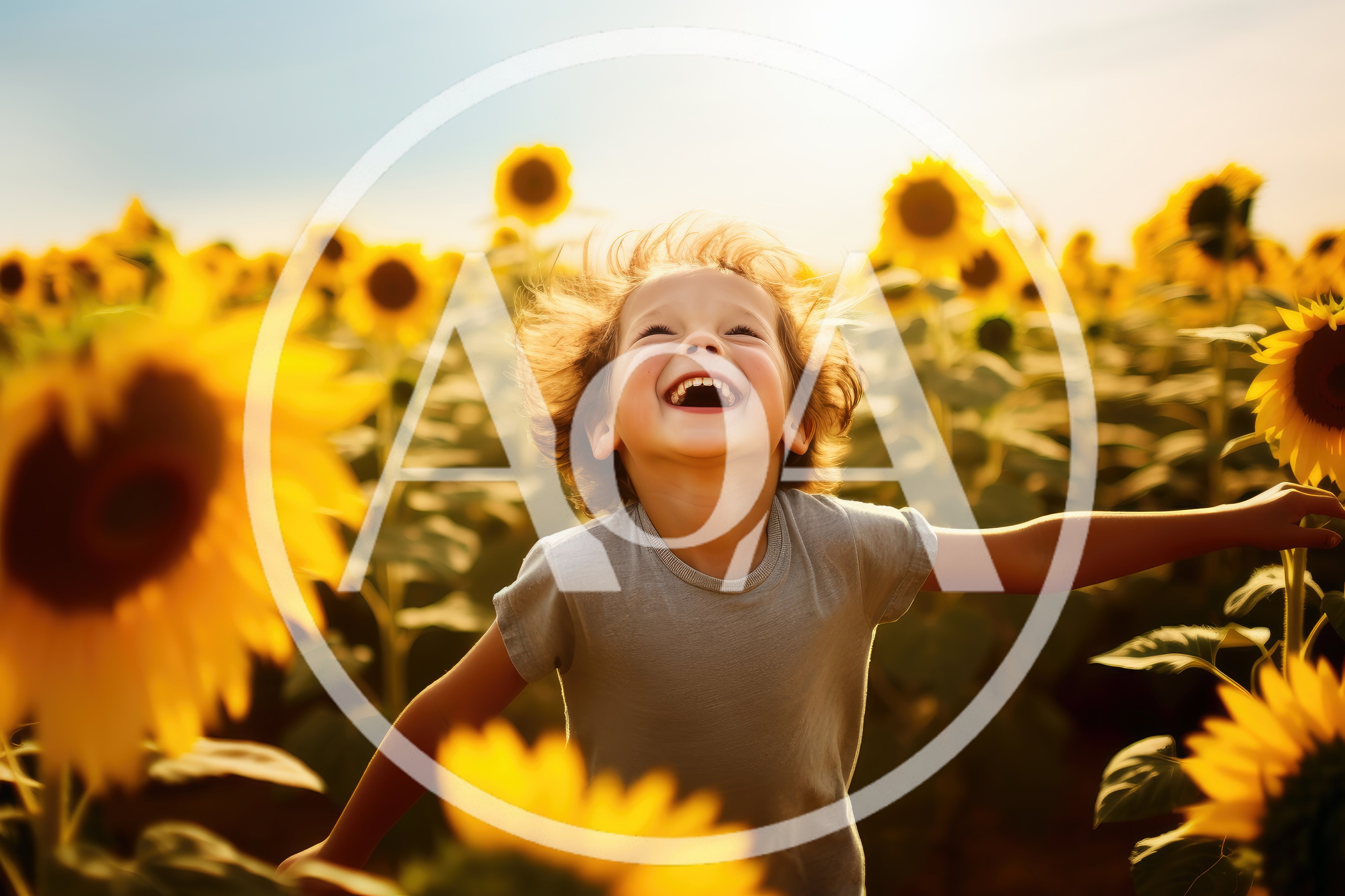 Happy Young Child Running Through A Sunny Sunflower Field