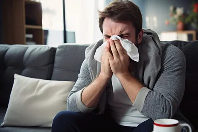 Sick Man Blowing Nose Into Tissue On Sofa