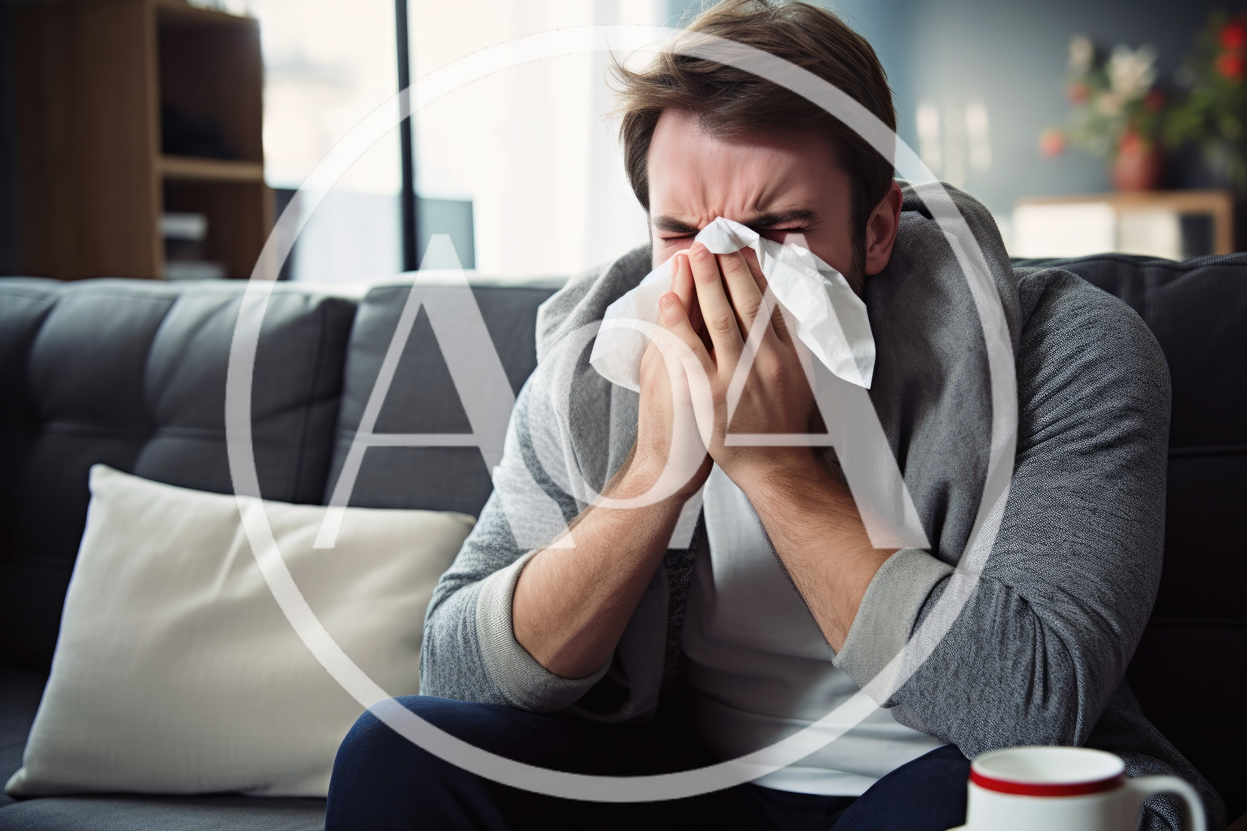 Sick Man Blowing Nose Into Tissue On Sofa
