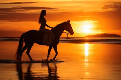 Woman Riding Horse Along Beach At Sunset