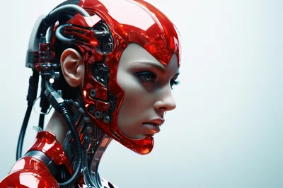 Cyborg Woman With Red Metallic Headpiece And Mechanical Components