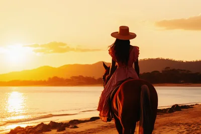 Woman Riding Horse On Beach At Sunset