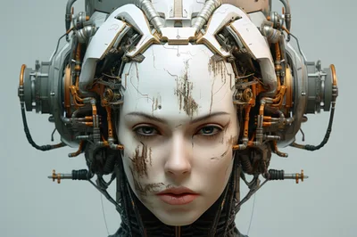 Cyborg Woman With Mechanical Headgear And Weathered Face
