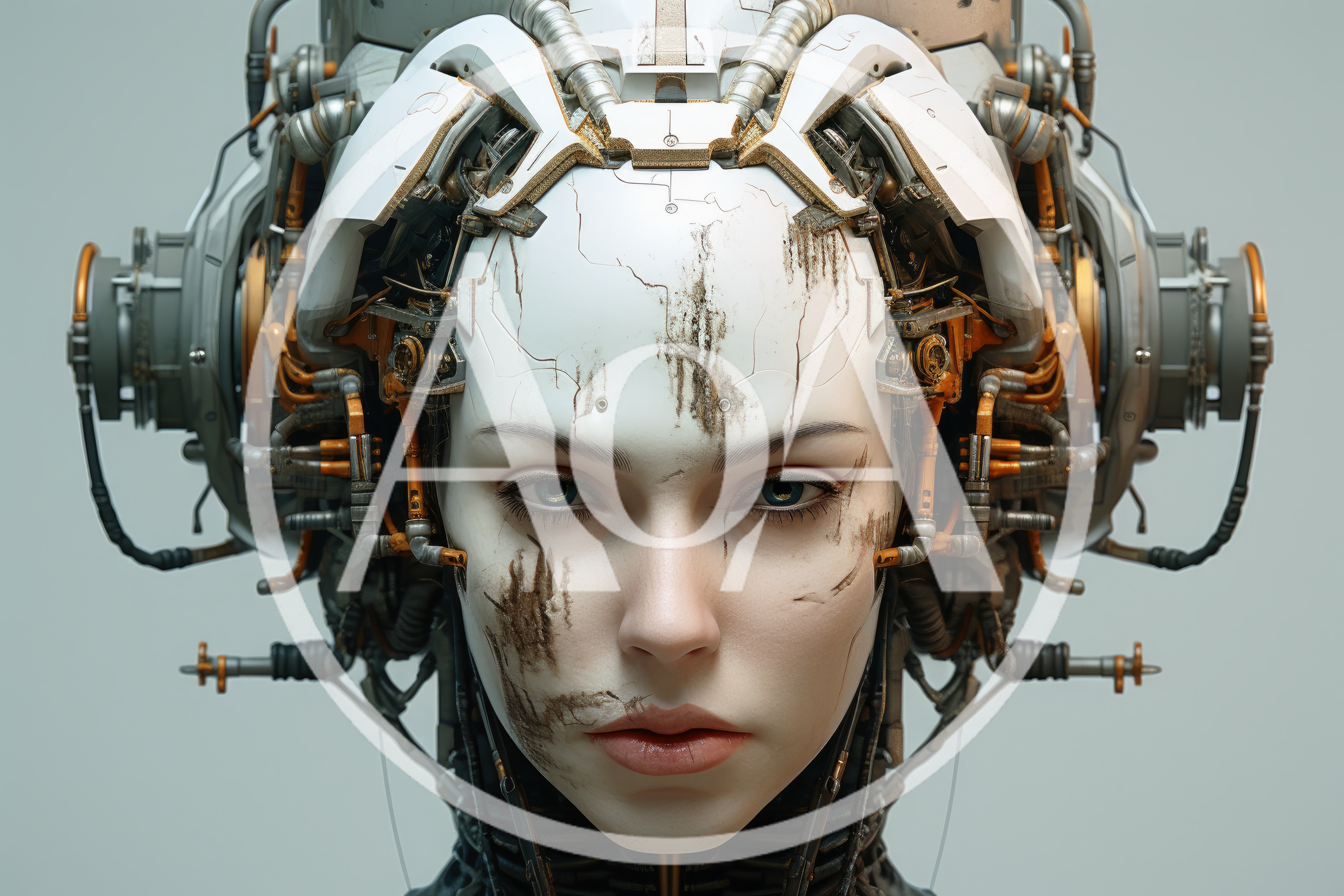 Cyborg Woman With Mechanical Headgear And Weathered Face