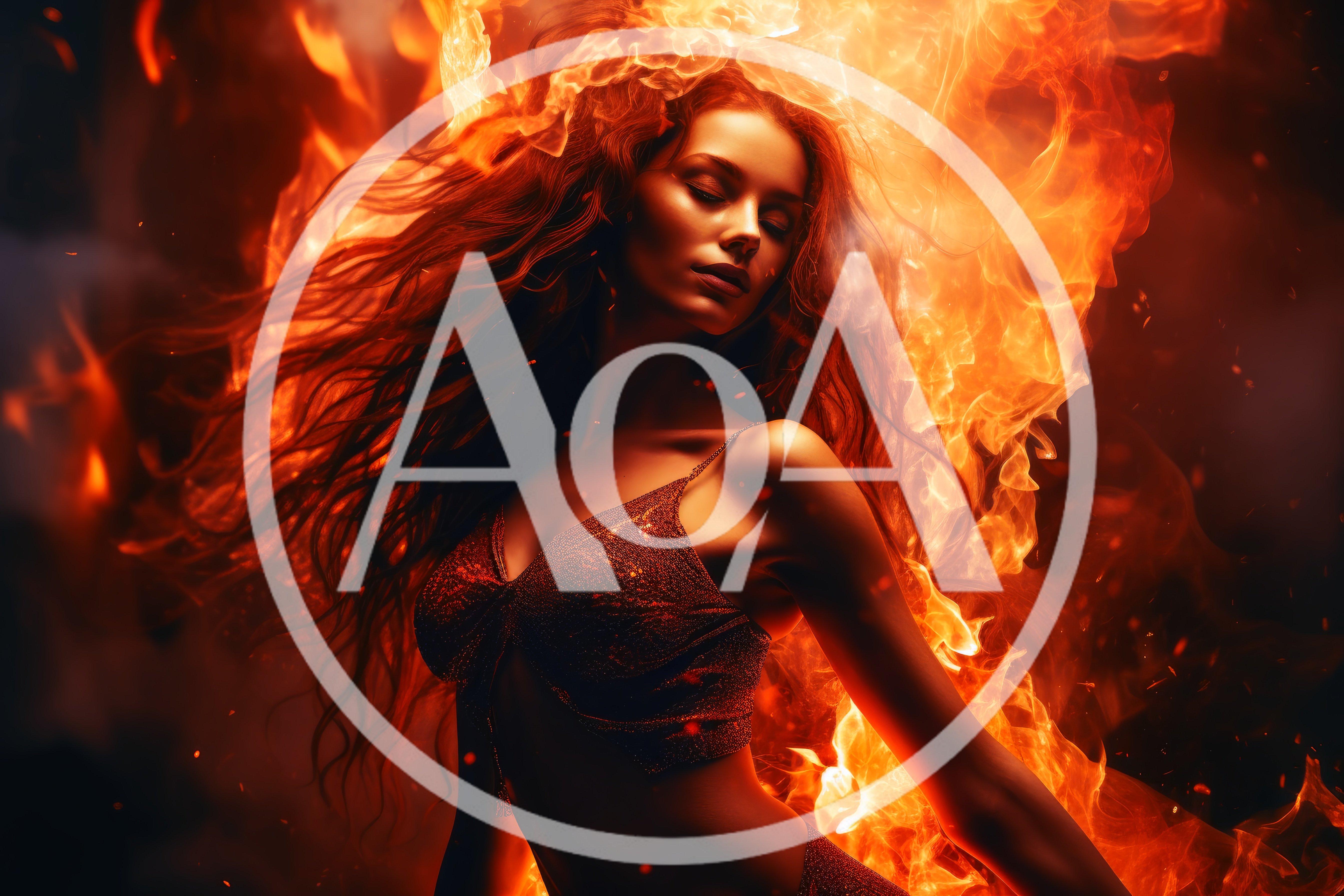 Woman With Flowing Hair Surrounded By Intense Fire