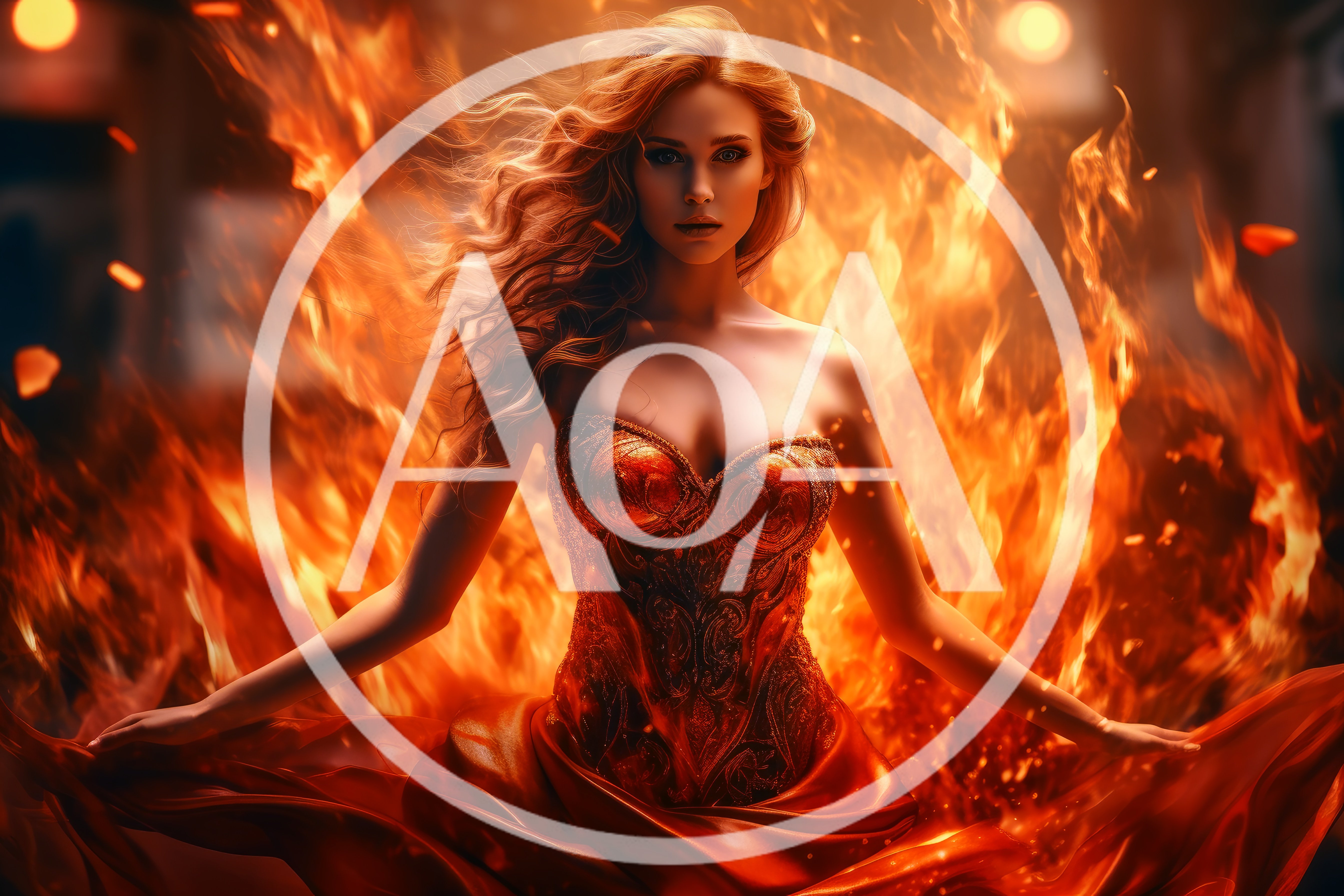 Ethereal Woman Standing Amidst Intense Blazing Fire