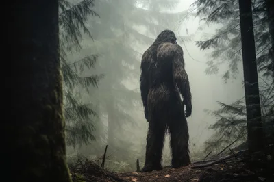 Bigfoot Standing In A Misty Pine Forest