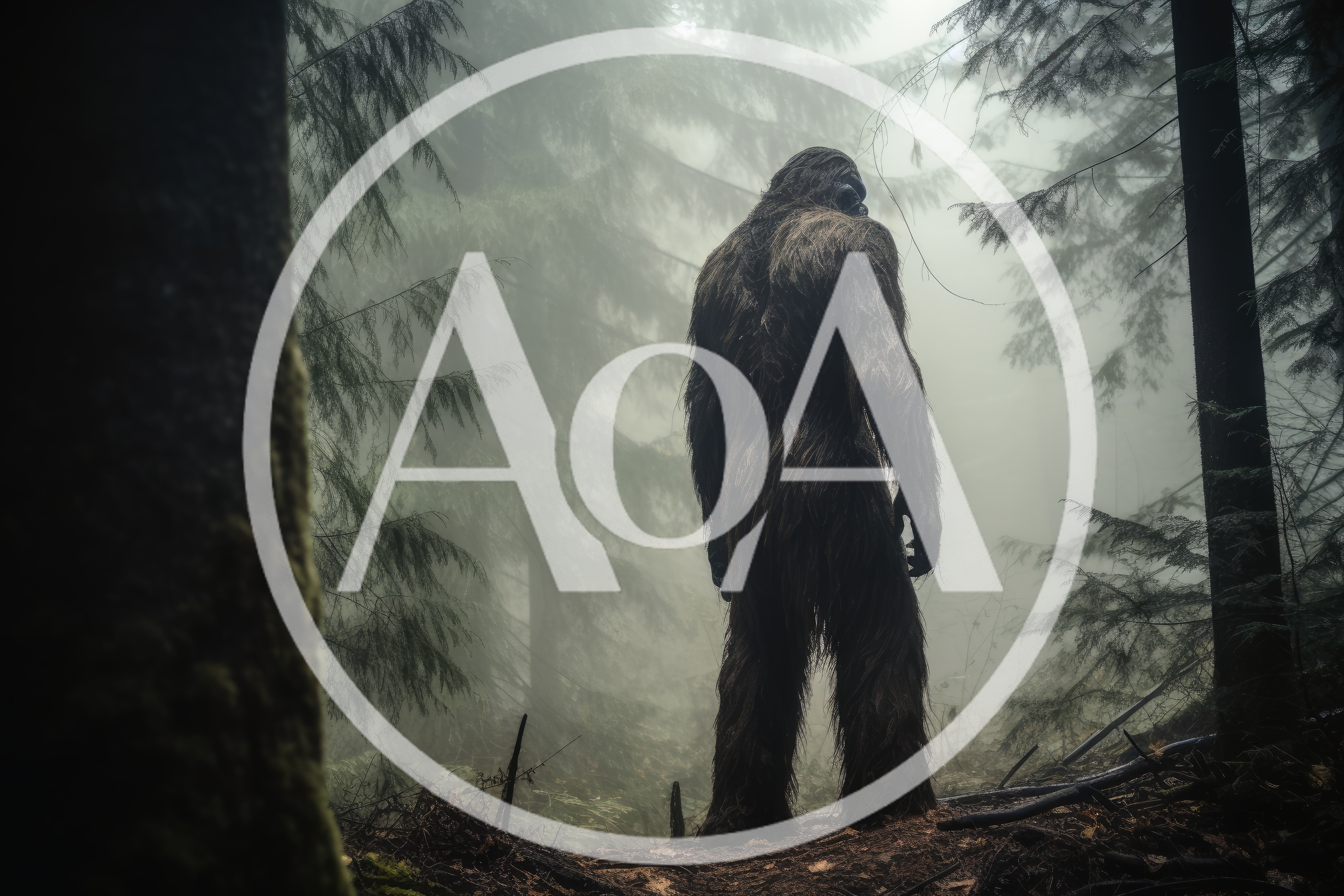 Bigfoot Standing In A Misty Pine Forest