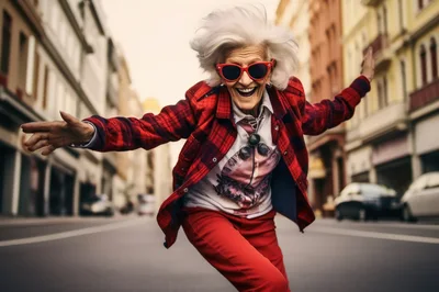 Energetic Elderly Woman Dancing In City Street