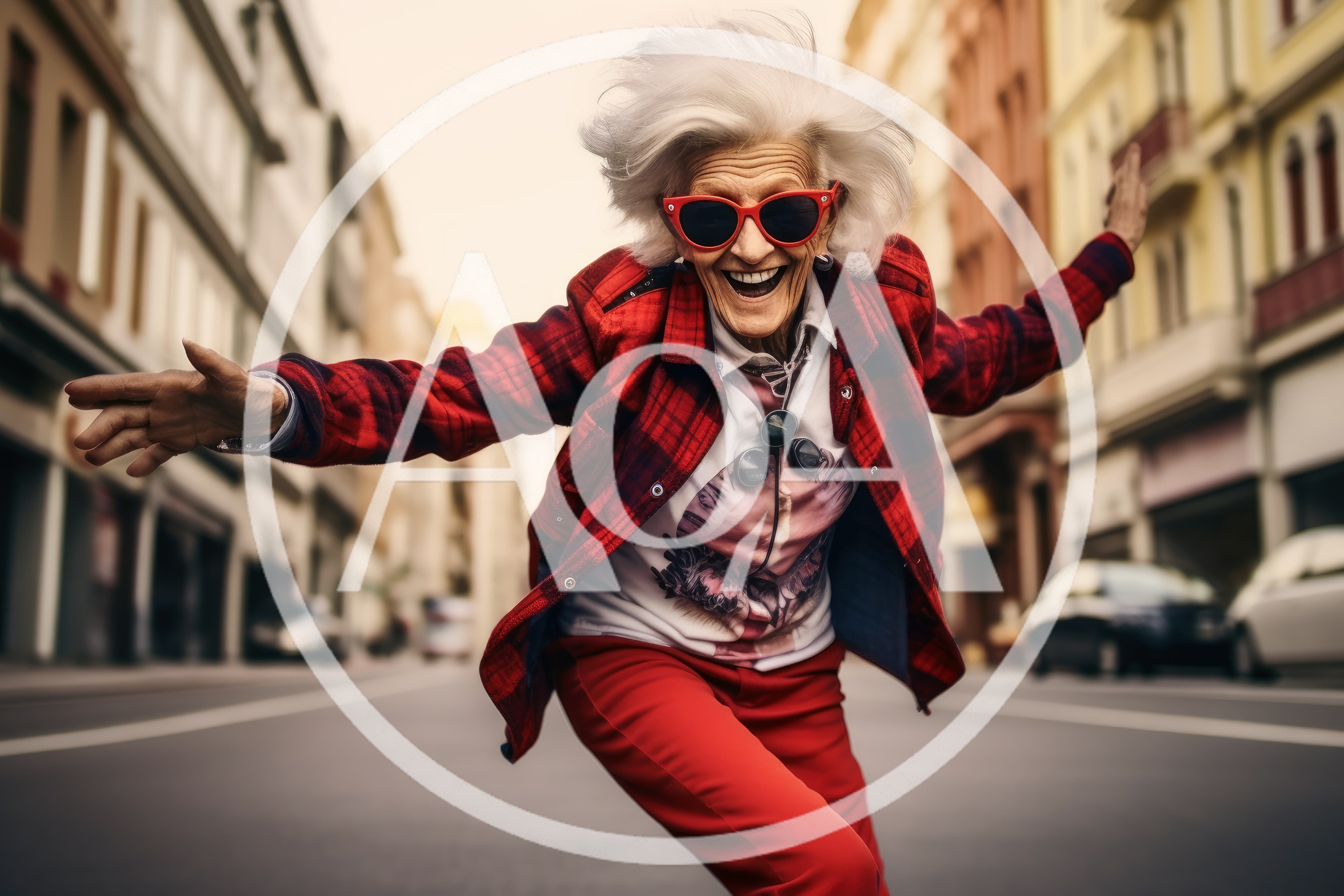 Energetic Elderly Woman Dancing In City Street