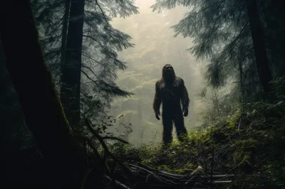 Bigfoot Standing In A Misty Forest