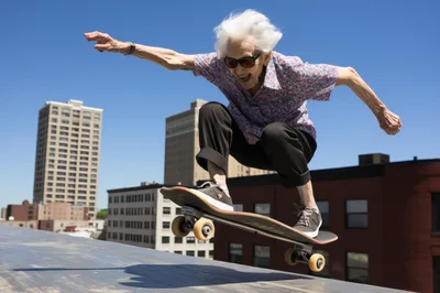 Elderly Woman Performing A Skateboard Jump