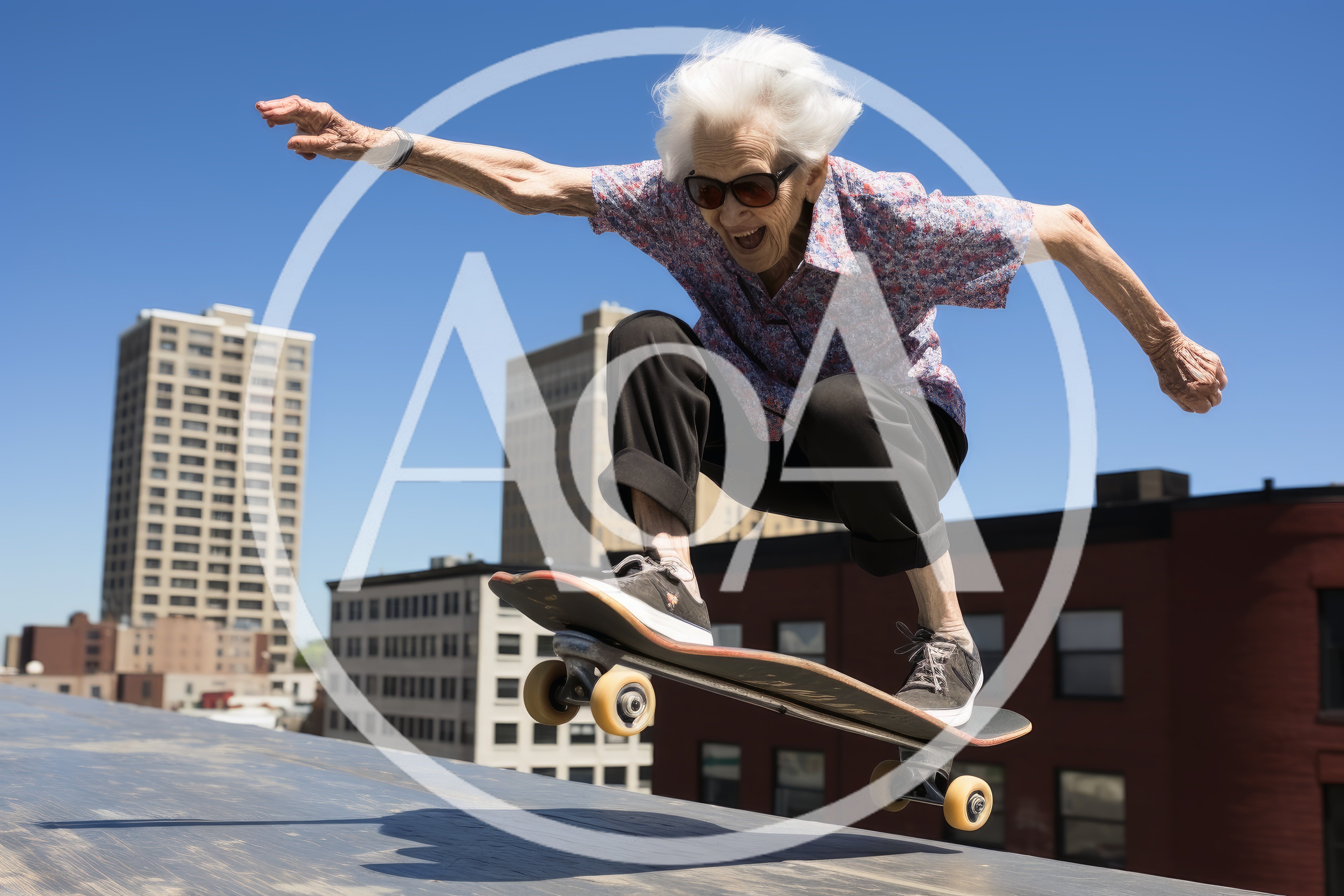 Elderly Woman Performing A Skateboard Jump