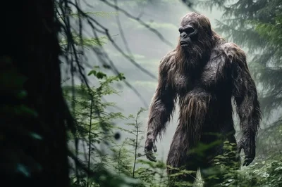 Bigfoot Standing In A Misty Pacific Northwest Forest