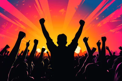 Crowd Celebrating With Raised Fists At Sunset