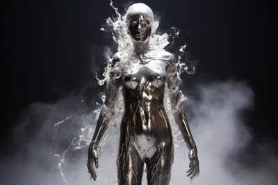 Metallic Humanoid Figure Surrounded By Swirling Liquid Smoke