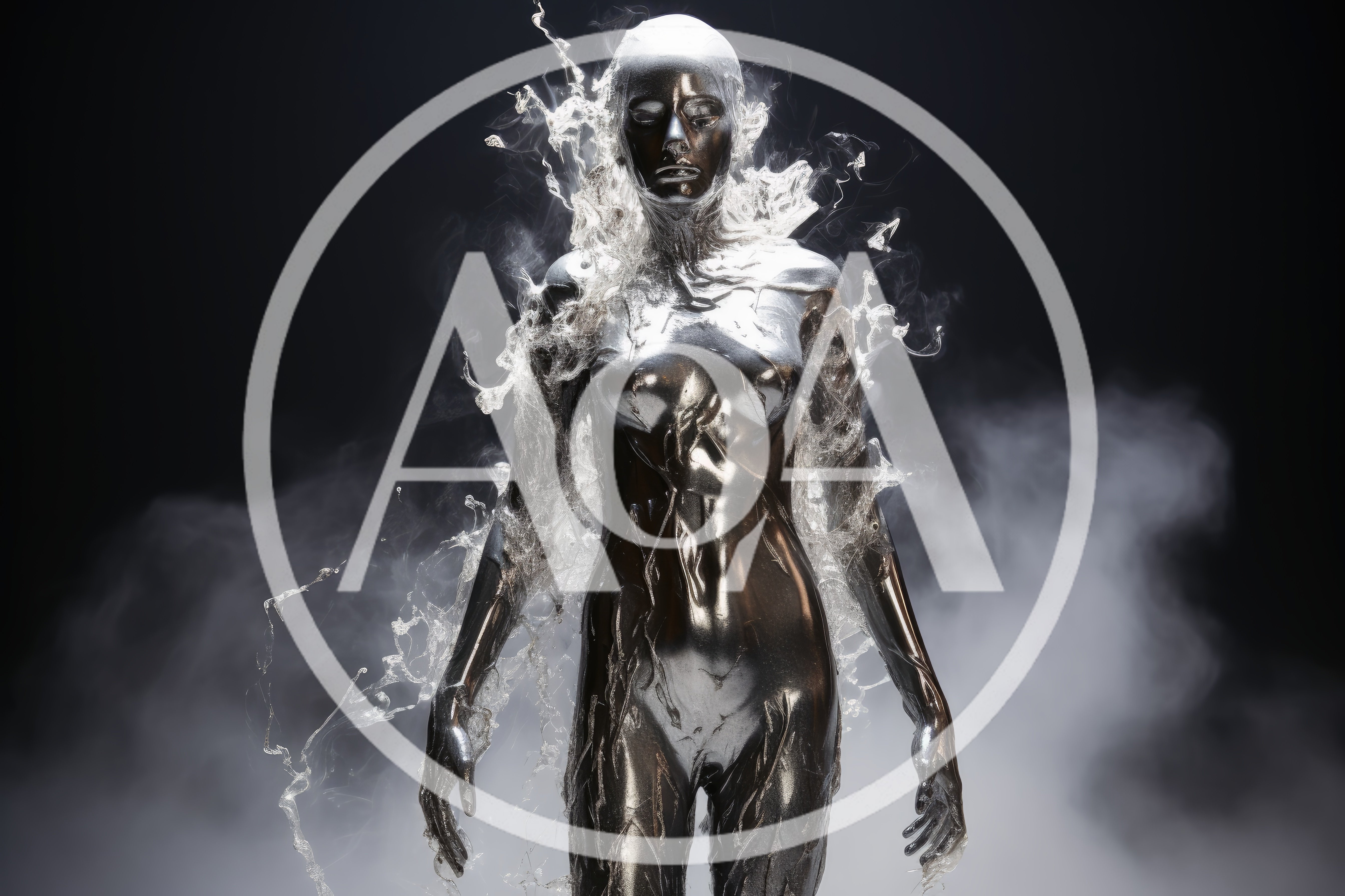 Metallic Humanoid Figure Surrounded By Swirling Liquid Smoke