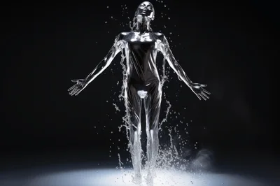 Liquid Metal Human Figure Floating In Dark Space