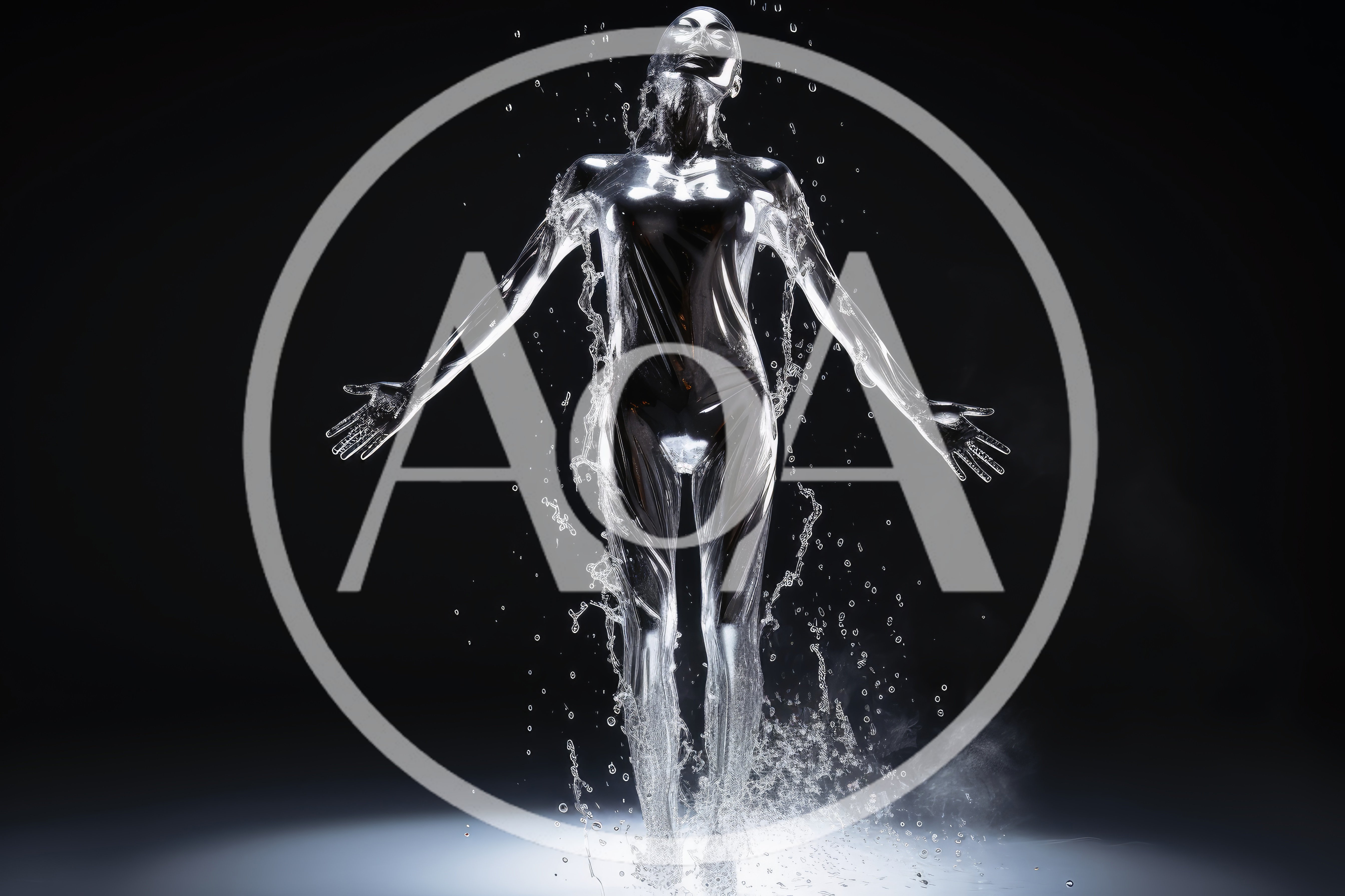 Liquid Metal Human Figure Floating In Dark Space