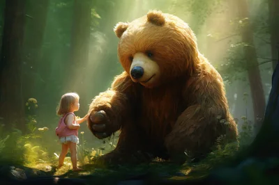 Little Girl Touching Paw Of Giant Friendly Bear