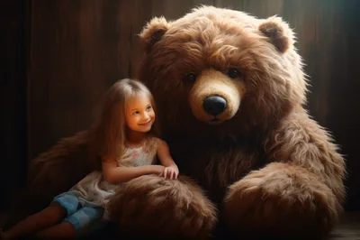 Little Girl Sitting With A Giant Teddy Bear