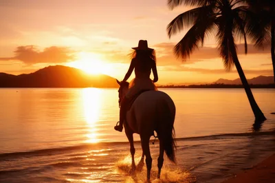 Woman Riding Horse Along Tropical Beach At Sunset