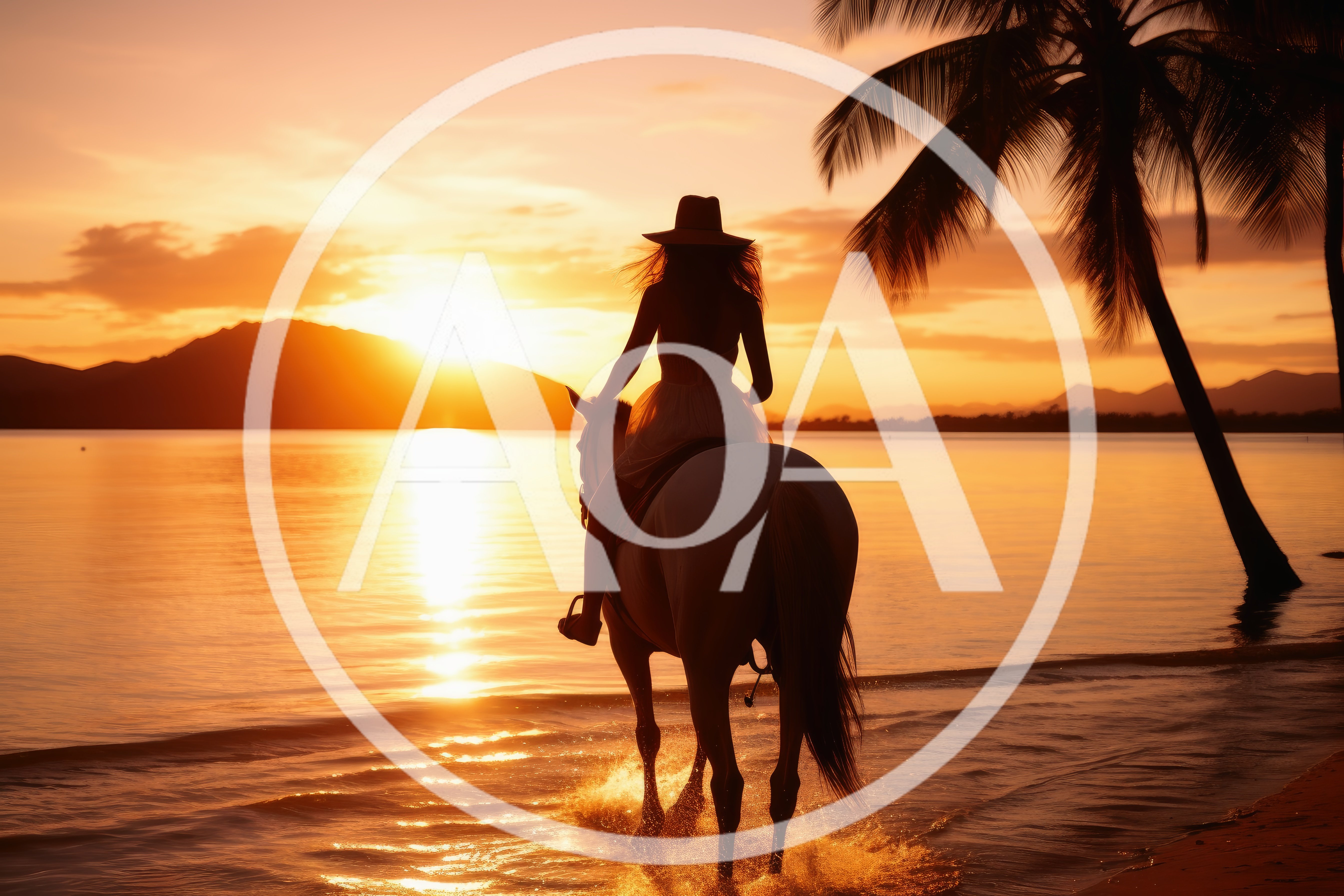 Woman Riding Horse Along Tropical Beach At Sunset