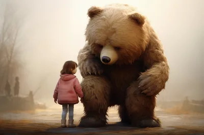 Little Girl Standing Before A Giant Grizzly Bear