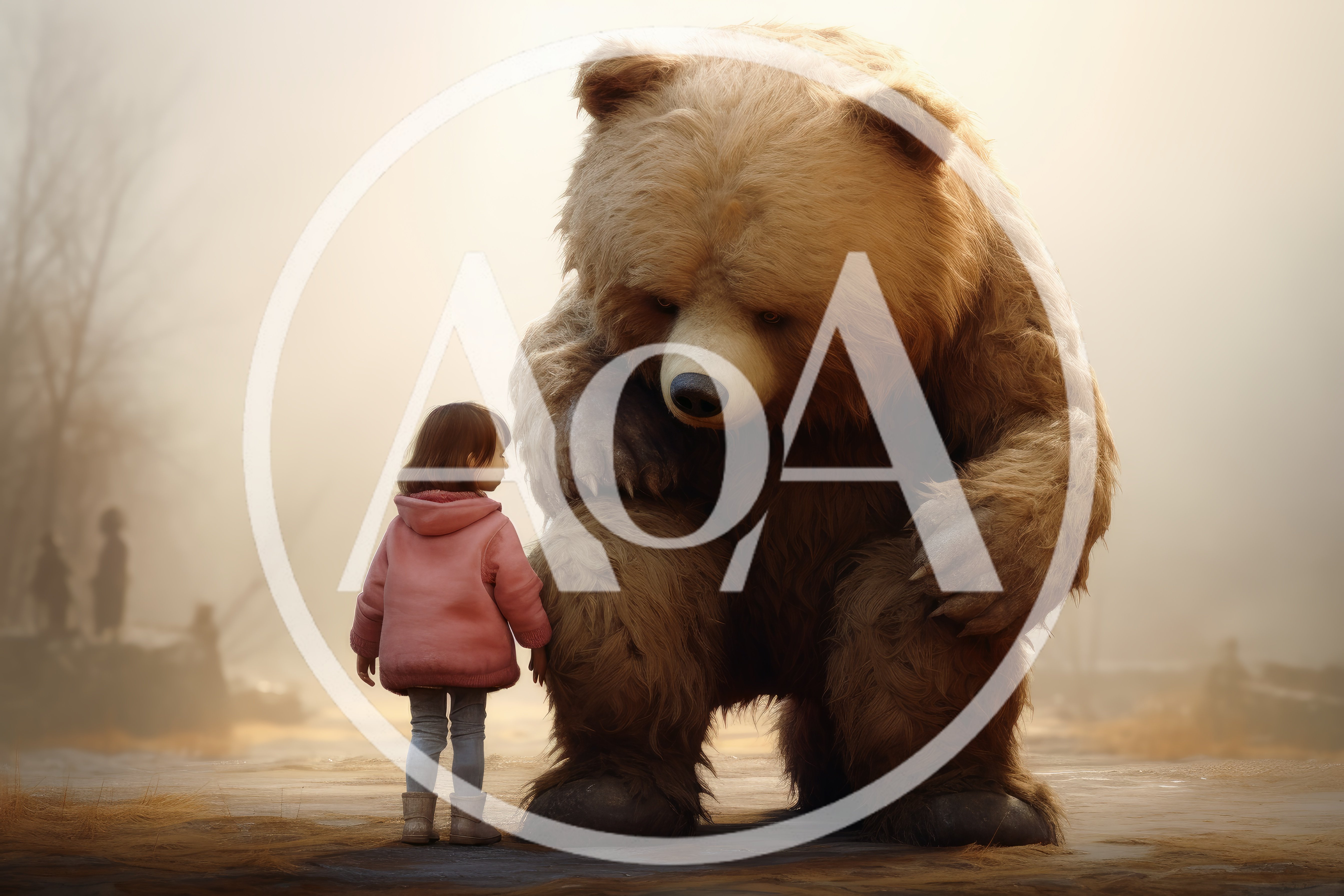 Little Girl Standing Before A Giant Grizzly Bear