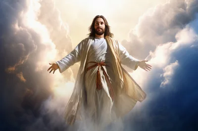 Jesus Christ Ascending Through Radiant Clouds