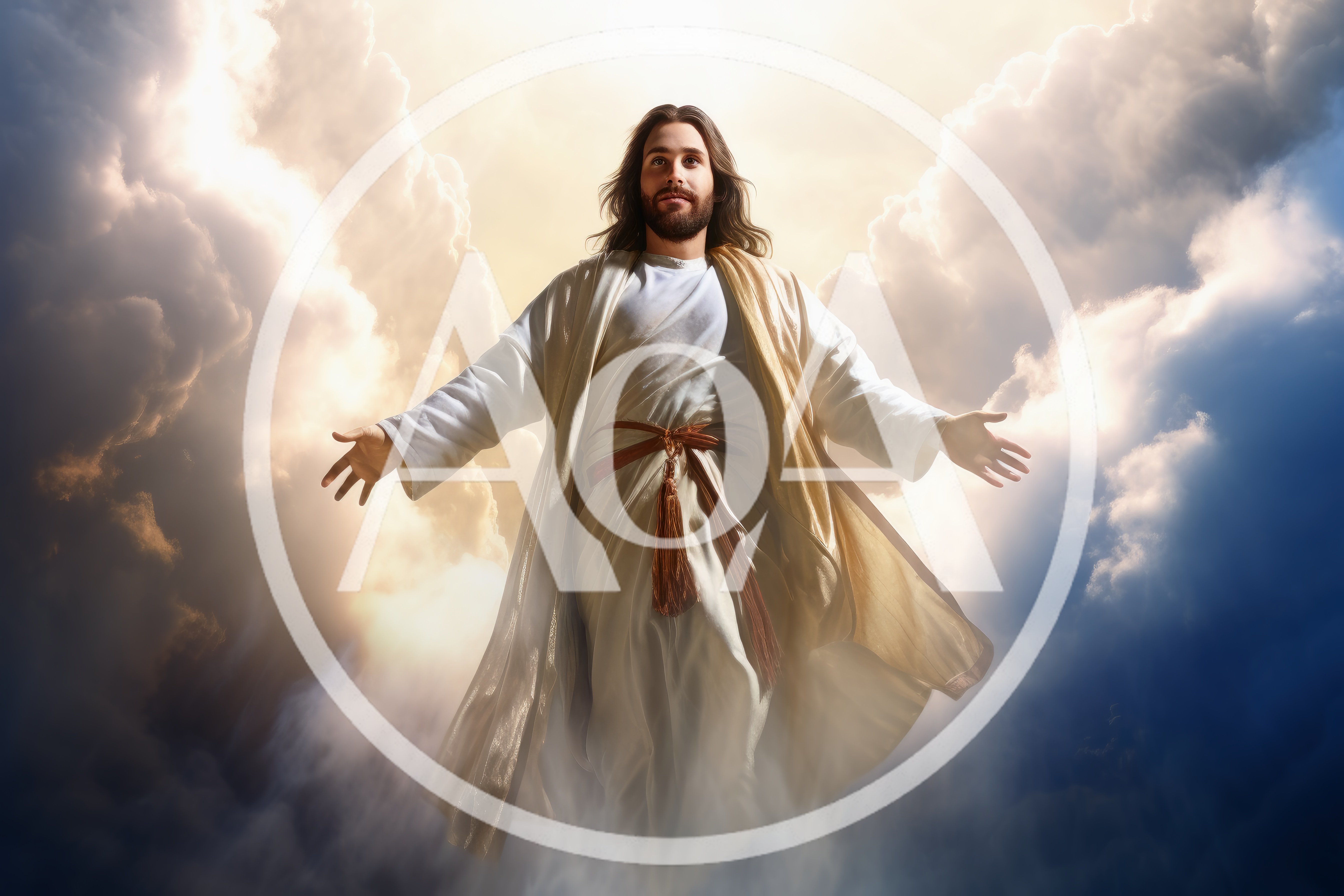 Jesus Christ Ascending Through Radiant Clouds
