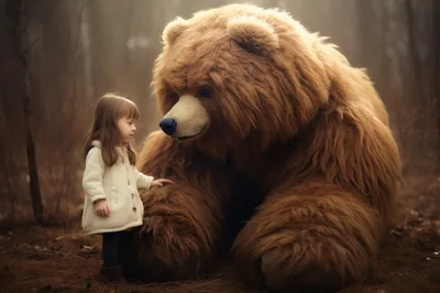 Little Girl Standing Beside A Giant Brown Bear