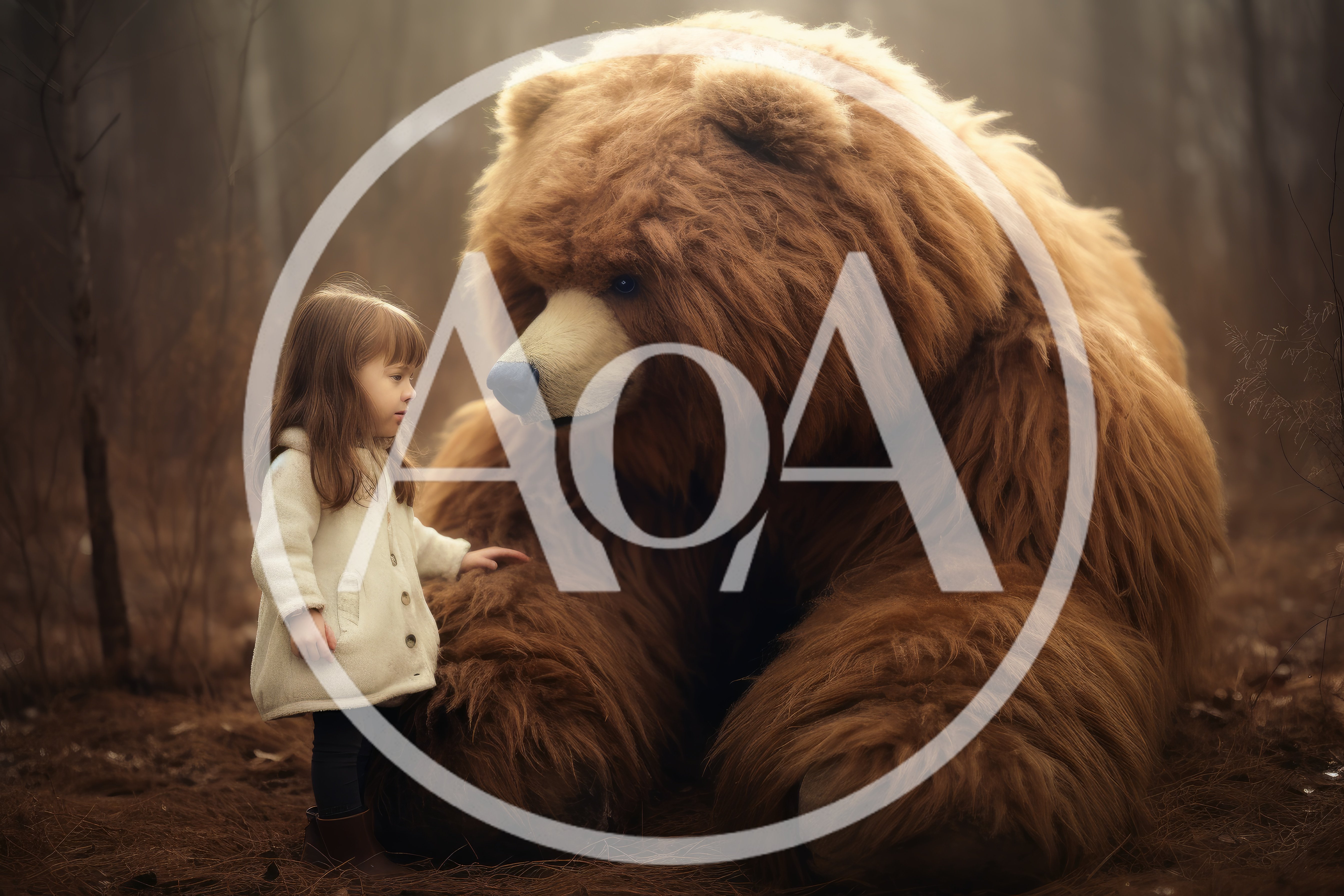 Little Girl Standing Beside A Giant Brown Bear