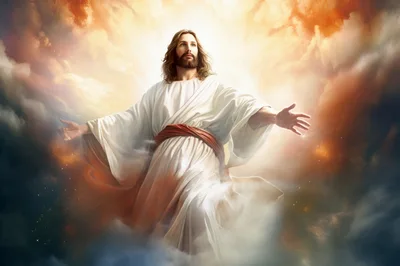 Jesus Christ Ascending In Radiant Heavenly Clouds