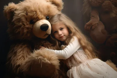 Little Girl Hugging A Giant Teddy Bear