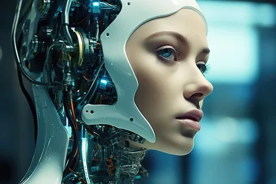Cyborg Humanoid Face With Intricate Mechanical Internal Components