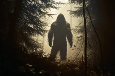 Bigfoot Standing In A Misty Pine Forest