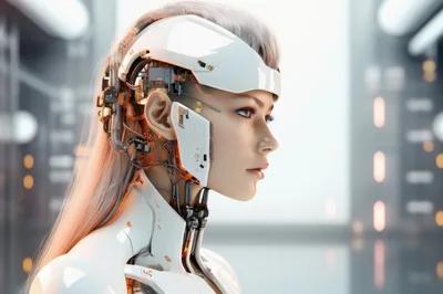 Cyborg Woman With Robotic Head Components In Futuristic Setting