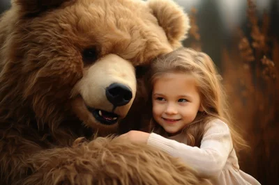 A cute big teddybear and a little girl.