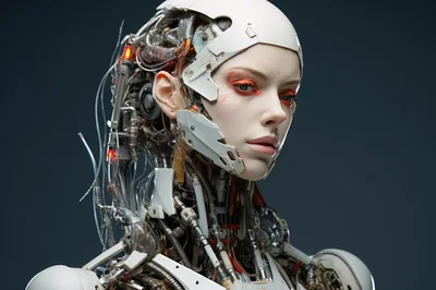 Cyborg Woman With Intricate Mechanical Components And Makeup