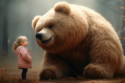 Little Girl Standing Before A Giant Friendly Bear
