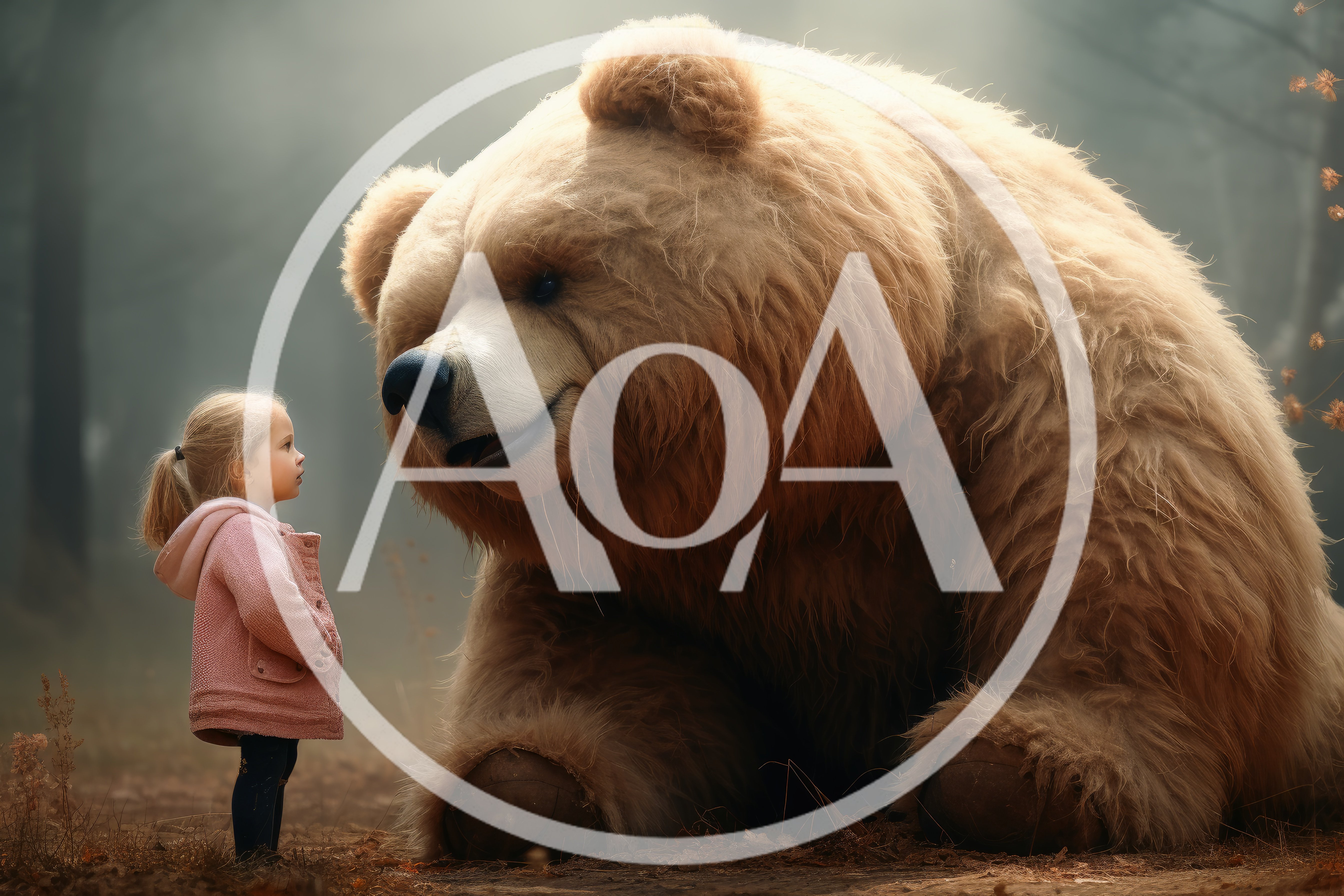 Little Girl Standing Before A Giant Friendly Bear