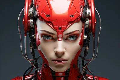 Cyborg Woman With Red Mechanical Headgear Portrait